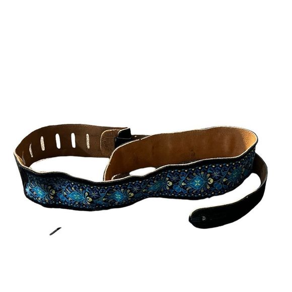 Boho Black Suede and Blue Embroidered Fabric Tie Belt - Picture 2 of 6